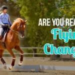 A rider on a chestnut horse executes clean flying changes in an outdoor arena, with the text ARE YOU READY FOR Flying Changes? overlaid. The scene includes a boundary of trees and a post-and-rail fence in the background.